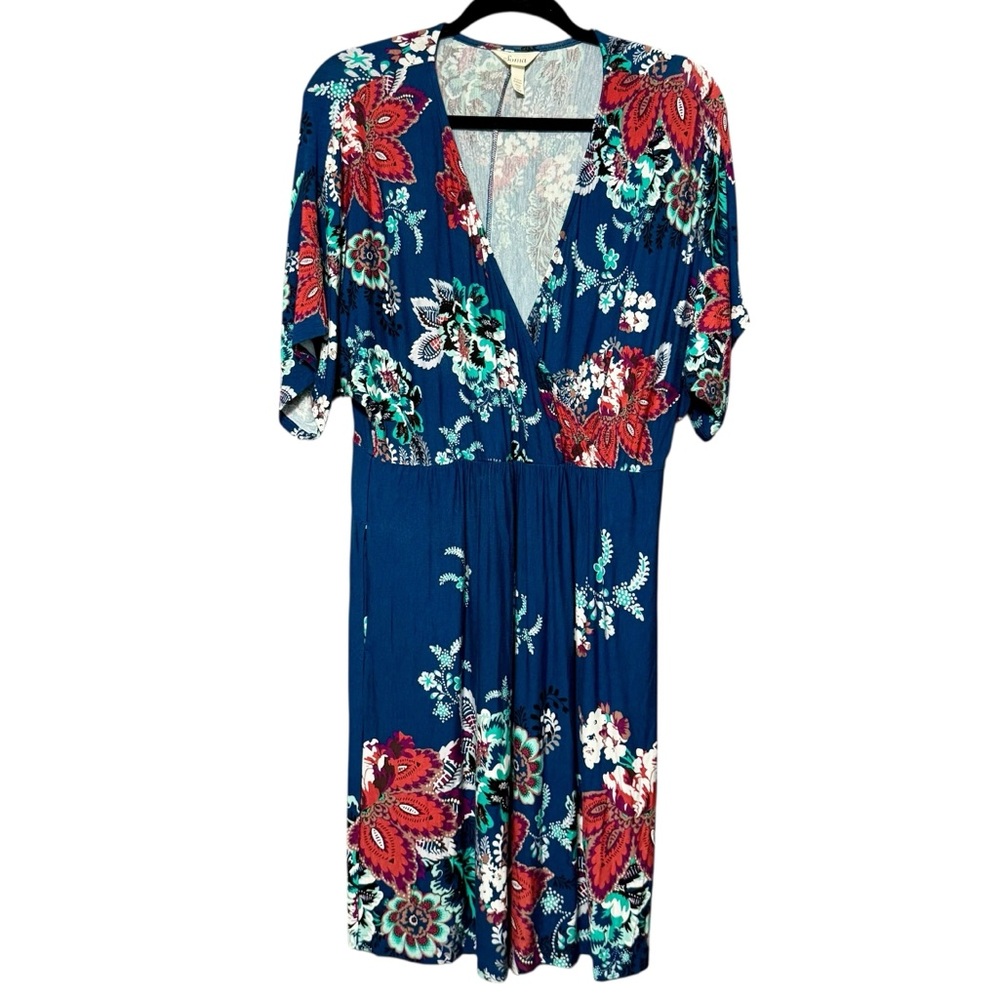 Soma Soft Jersey Knit Stretchy Blue Floral Print Surplice Neckline Dress